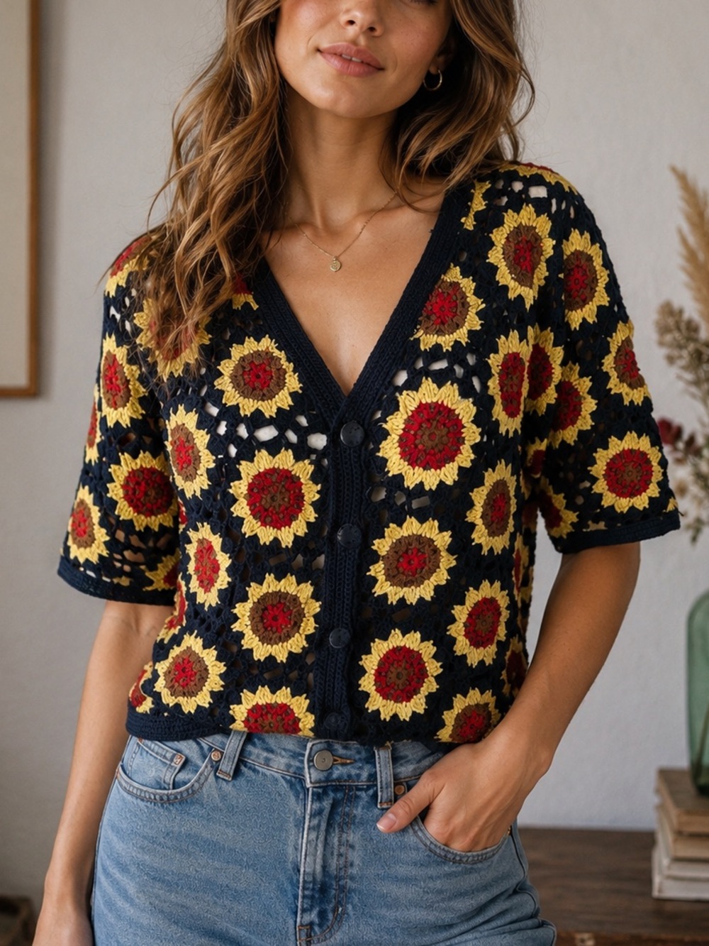 Vintage The Eagles Eye 90s Blue Sunflower Crochet Knit Cardigan Sweater Sz S